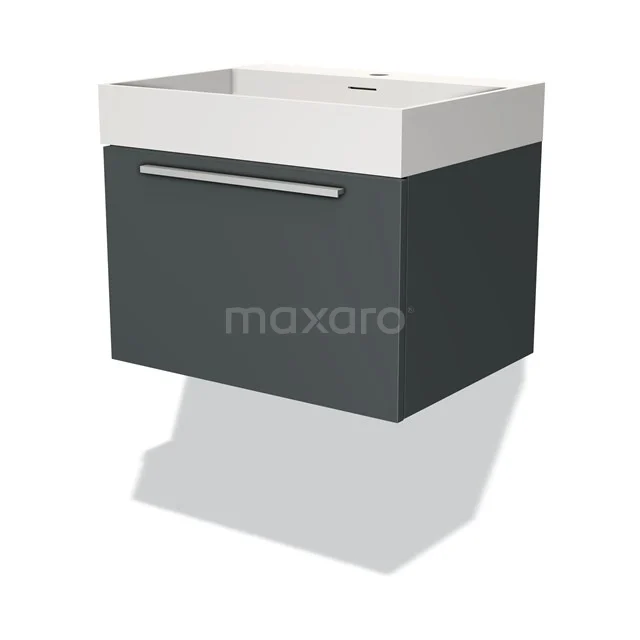 Dark grey floating bathroom cabinet with white ceramic basin worktop and metal Handle, modern and space-saving design.