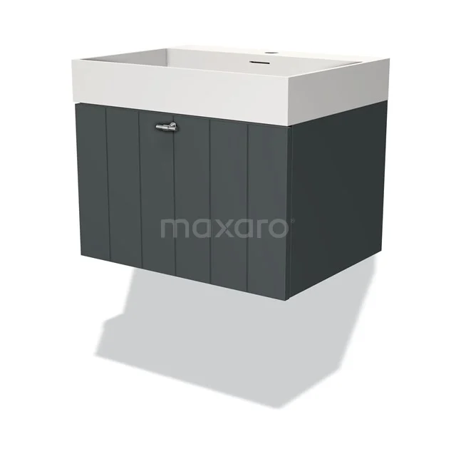 Dark grey hanging vanity unit with white ceramic sink, modern wooden panels and metal Handle, perfect for the bathroom.
