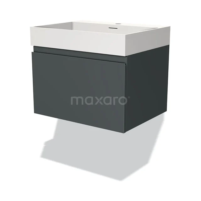 Modern dark grey vanity unit with clean lines, hanging design and white ceramic countertop wash basin, ideal for the bathroom.
