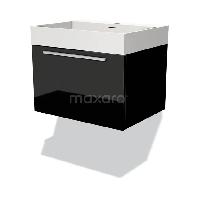 Black bathroom unit with glossy finish, white vanity units with basin and chrome handle, perfect for a modern bathroom style.