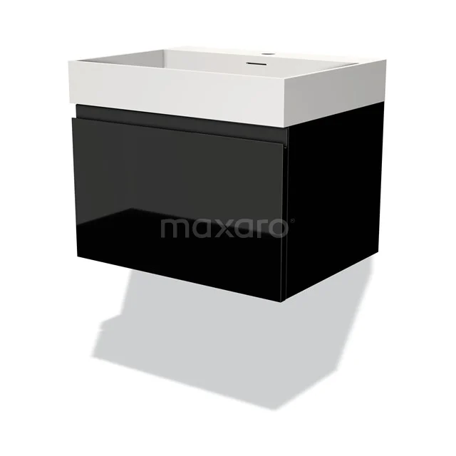 Black and white bathroom unit with high-gloss drawers, compact design, including integrated basin.