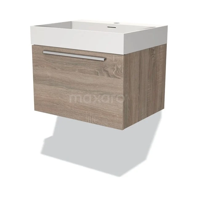 Badmöbel 60cm Modulo Eiche 1 Schublade Flaches Waschbecken Solid Surface BMW11-03187 Waschbeckenunterschrank Holzoptik mit Schublade und chromfarbener Griff, Wandmodell, perfekt für ein modernes Badezimmer.