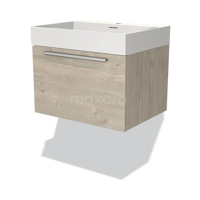 Holz-Badmöbel mit weißem Waschbecken und metallischen Griffen, schwebendes Design. Modern und kompakt für jedes Badezimmer.