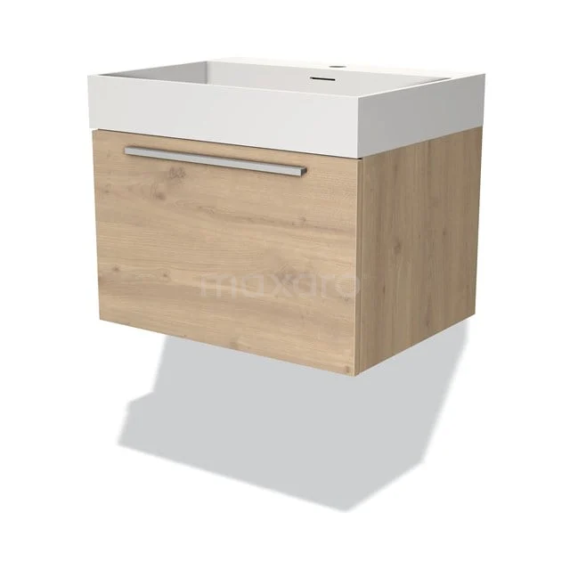 Zweites Badezimmermöbel mit weißem Waschbecken, Holzlook-Front und metallischem Haltegriff, perfekt für einen modernen Badezimmerstil.