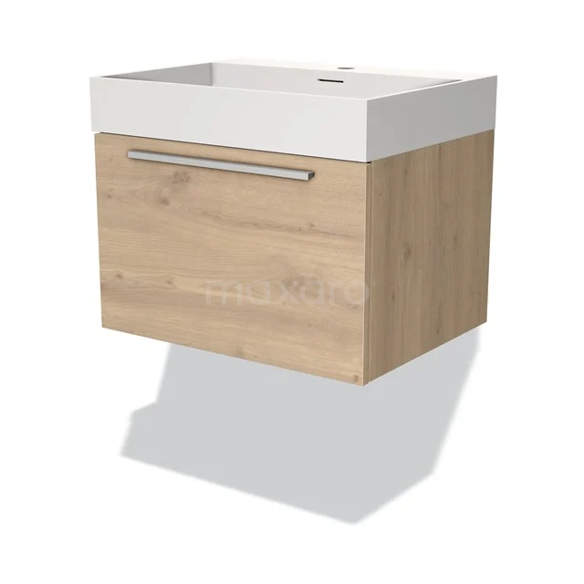 Zweites Badezimmermöbel mit weißem Waschbecken, Holzlook-Front und metallischem Haltegriff, perfekt für einen modernen Badezimmerstil.