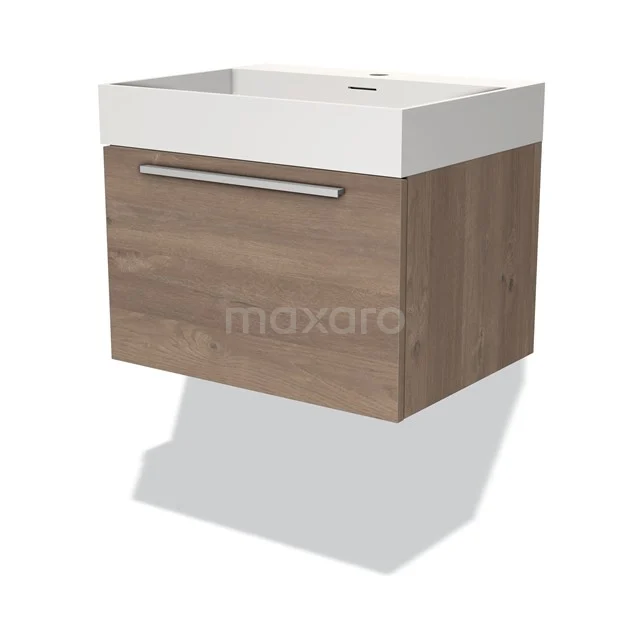 Modernes Waschtischmöbel mit Holzoptik-Unterschrank, weißem Keramikwaschbecken und metallischem Haltegriff, ideal für kompakte Bäder.