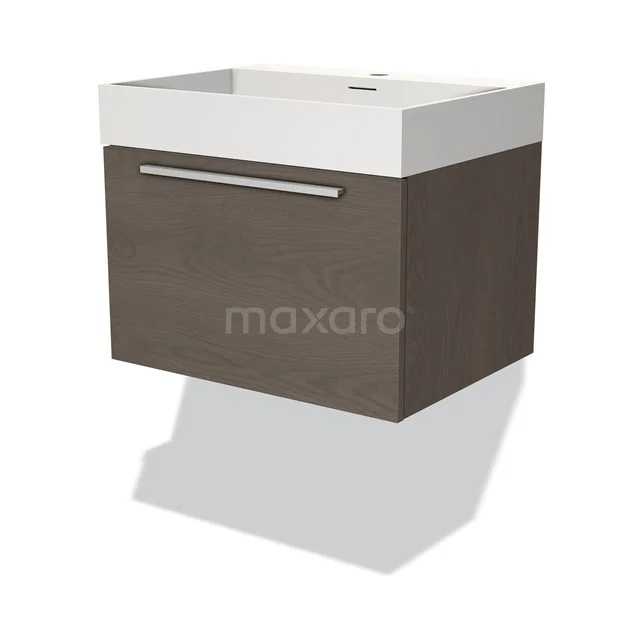Vanity unit wood-look with drawer unit, wall-hung design, integrated white basin; modern and space-saving.