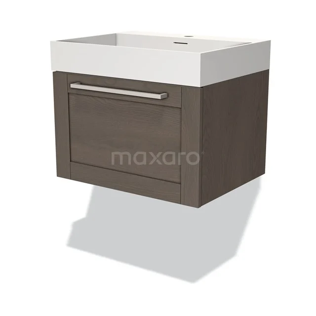 Wall-mounted wooden bathroom unit with drawers and white ceramic vanity units with basin. Compact design for modern bathroom design.