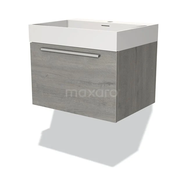 Graues schwebendes Badezimmermöbel mit Schublade und weißem keramischen Waschbecken, modernes Design für stilvollen Badezimmerraum.