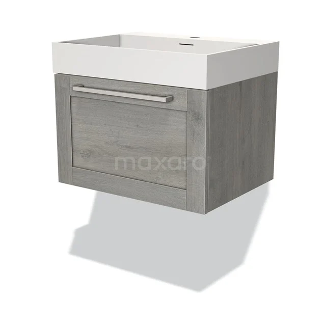 Grey bathroom cabinet with wood look, hanging model, white basin and metal Handle, compact design for modern bathrooms.