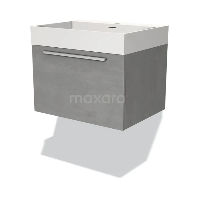 Grey wall-mounted bathroom furniture set with concrete look, metal Handle and white Basin, compact design for modern bathrooms.