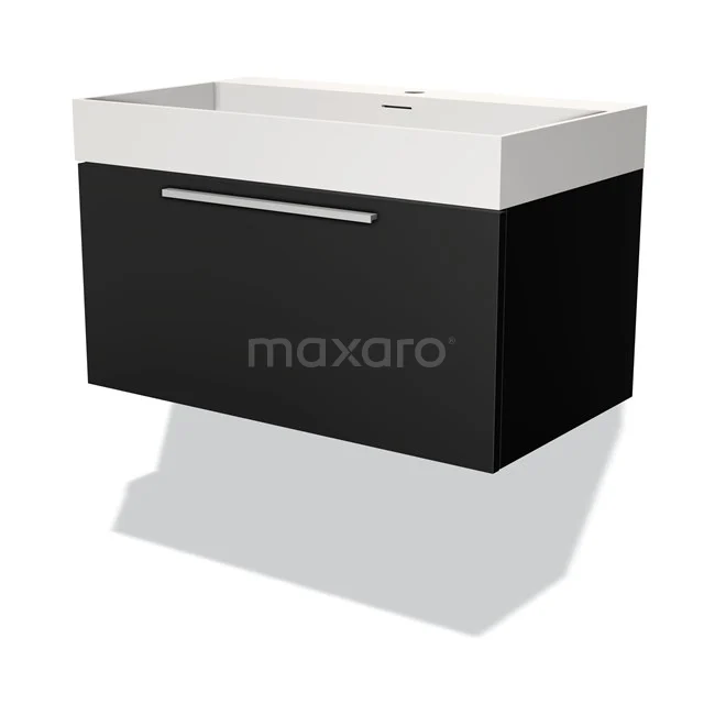 Black floating bathroom unit with white vanity units with basin, sleek design and black metal handle, perfect for modern bathrooms.