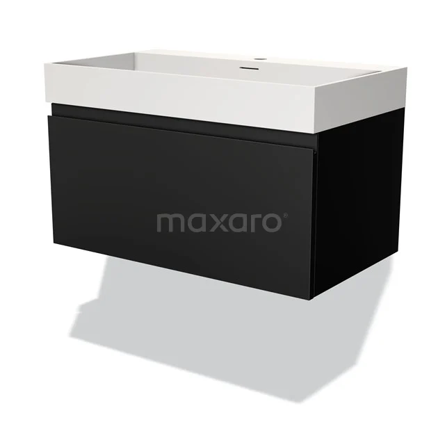Black wall-mounted vanity unit with white ceramic basin, sleek design ideal for modern bathrooms.