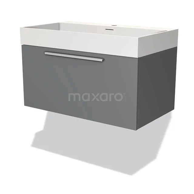 Grey bathroom vanity unit, modern design, with white basin and sleek drawers, ideal for stylish bathroom design.