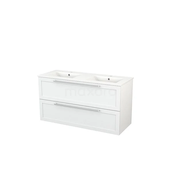 White double vanity unit with two drawers, clean design, ideal for modern bathrooms, series Flow with smooth finish.