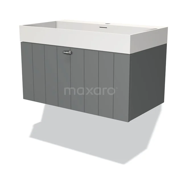 Grey wooden bathroom unit with white vanity units with basin, modern design and soft-close drawers for stylish bathroom organisation.