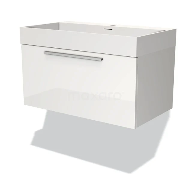 Weiße hängende Badschrank mit glänzender Oberfläche, metallischem Haltegriff und geräumiger Schublade, ideal für moderne Badezimmerausstattungen.