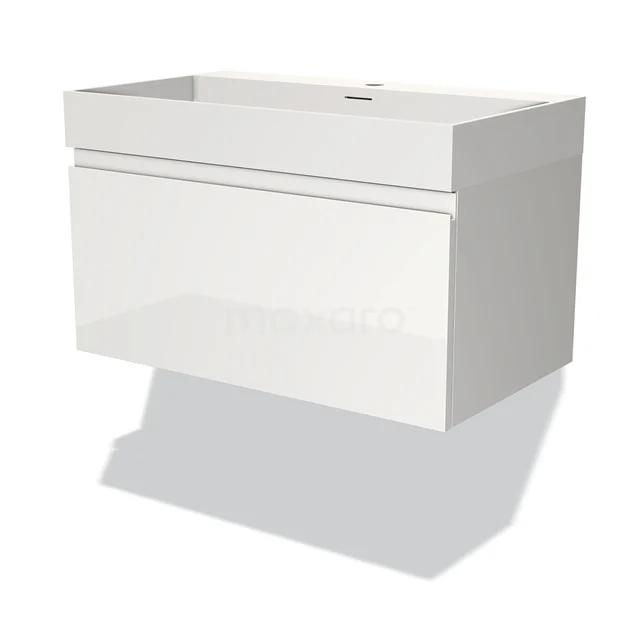 White hanging bathroom unit with minimalist design, rectangular shape, glossy surface and soft-close drawers.