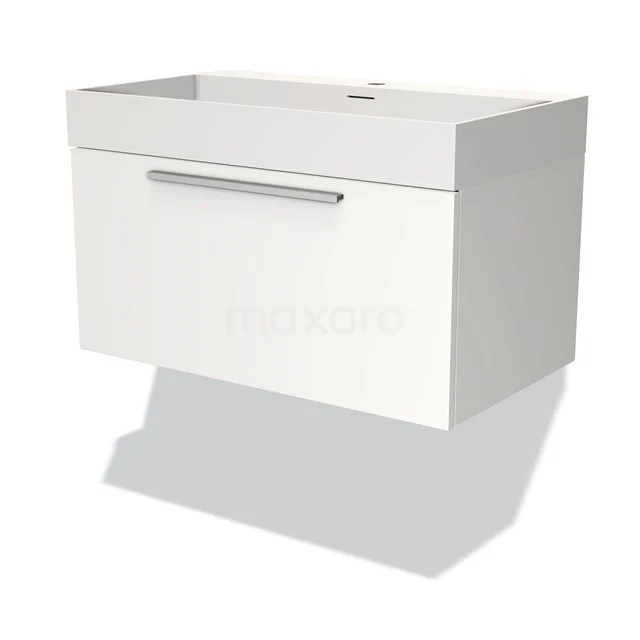 Badmöbel 80cm Modulo Matt Weiß 1 Schublade Flaches Waschbecken Solid Surface BMW11-03210 Weißes hängendes Badmöbel mit klarem Design, Schublade mit verchromtem Haltegriff und Waschbecken, ideal für moderne Bäder.