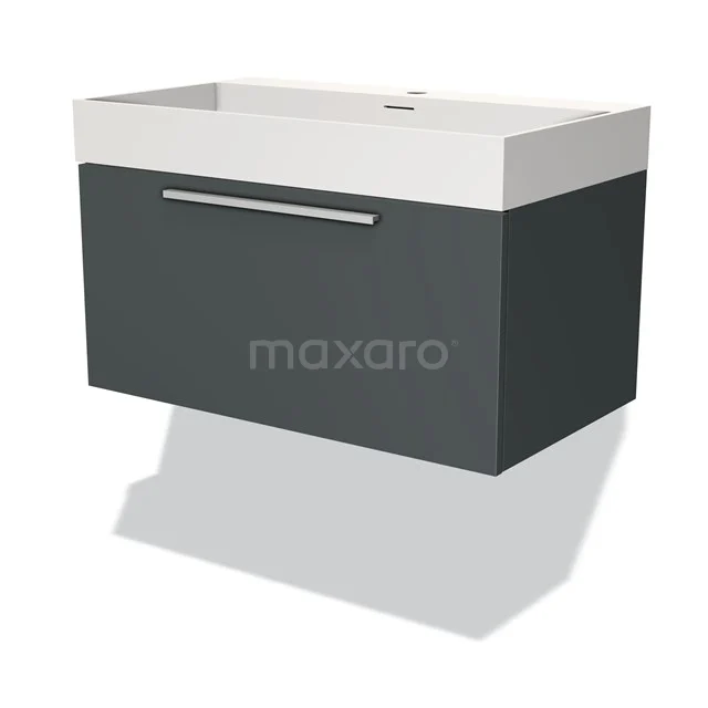 Badmöbel 80cm Modulo Dunkelgrau 1 Schublade Flaches Waschbecken Solid Surface BMW11-03213 Antrazitgraues Waschtischmöbel mit integriertem weißen Waschbecken, schlankes Design und metallischem Haltegriff, perfekt für moderne Bäder.