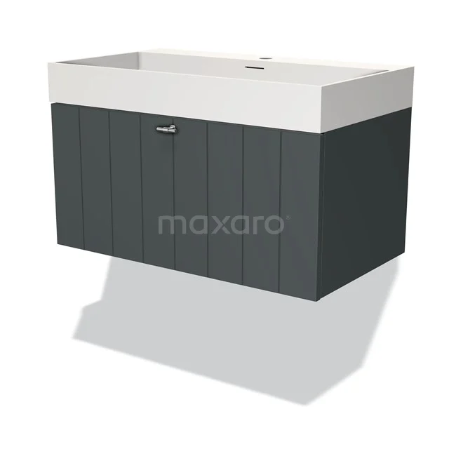 Grauer hängender Badschrank mit weißem Waschbecken, modernes Design, Holzoptik-Paneele und integrierter Stauraum.