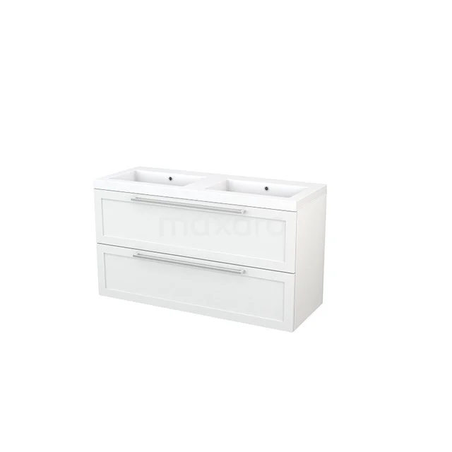 Modulo+ Vanity units with basin | 120 cm High-gloss white Frame front Mineral marble 2 Stacked drawers BMP003338 White double bathroom unit with two drawers, glossy finish and integrated vanity units with basin, ideal for modern bathrooms.