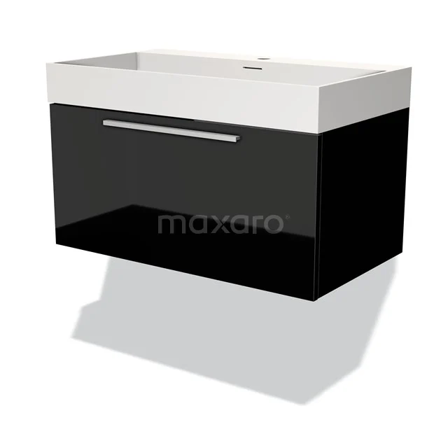 Black-white bathroom unit with drawers and chrome handles, finished in high-gloss white, suitable for modern bathroom design.