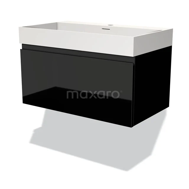 Schwarz-weiß hängendes Waschtischmöbel, glänzend schwarze Schublade, keramisches Waschbecken; straffes Design für moderne Bäder.