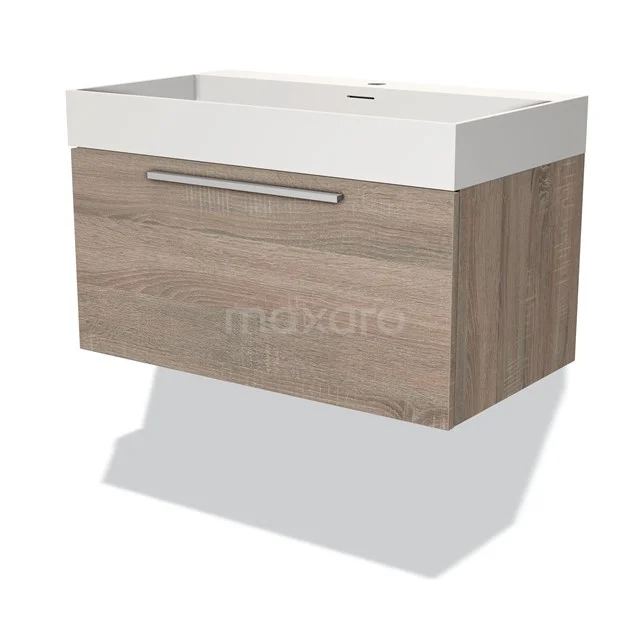 Holz-Badmöbel mit Schublade und weißem Waschbecken, modernes Design, ideal für kompakte Bäder.