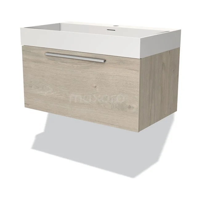 Wandhängendes Holz-Badezimmermöbel mit Schublade, Eichenoptik und weißem keramischen Waschbecken, moderner Stil mit metallischem Haltegriff.