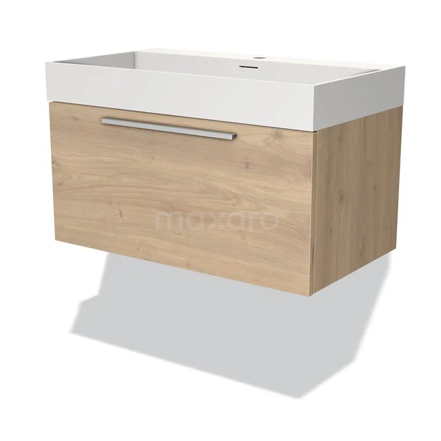 Modern hängendes Badmöbel in Eiche-Look mit weißer Waschtischplatte, ausgestattet mit Edelstahl Haltegriff. Elegantes und kompaktes Design.