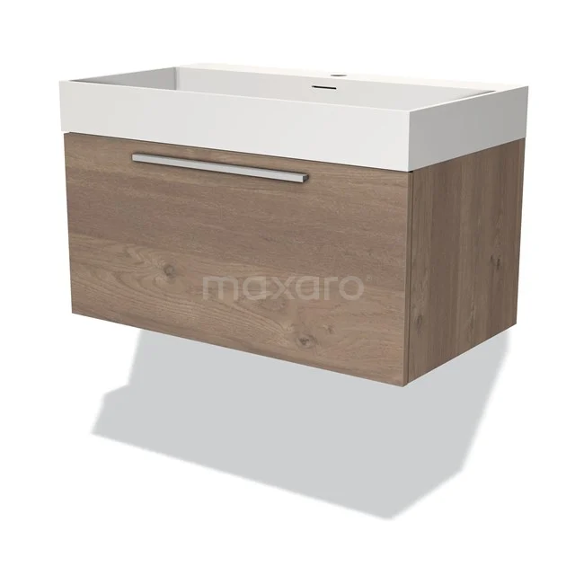 Modulo Bathroom furniture with sink | 80 cm Mid brown oak Flat front Solid surface 1 drawer BMW11-03225 Wooden bathroom unit with drawers and white basin, modern design, ideal for stylish bathroom design.