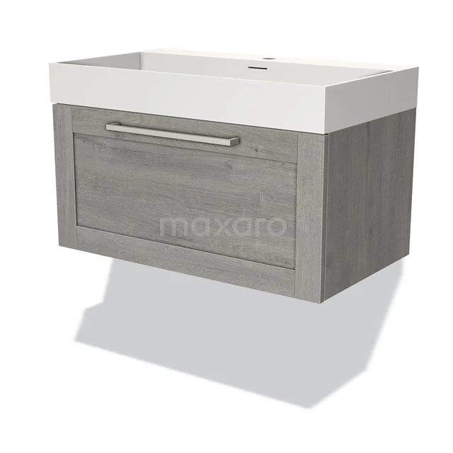 Holz Badezimmermöbel schwebend, graue Farbe mit weißem Waschbecken, moderner Stil und Schublade mit metallischem Haltegriff.