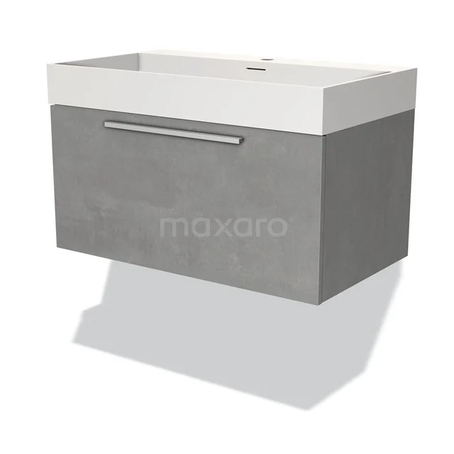 Graues Badezimmermöbel mit Schublade und weißem keramischen Waschbecken, modernes Design, ideal für ein schick eingerichtetes Badezimmer.