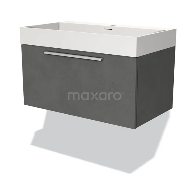 Graue hängende Waschbecken mit Betonlook, weißem Waschbecken und metallischem Haltegriff; modernes Badmöbel für stilvolles Interieur.