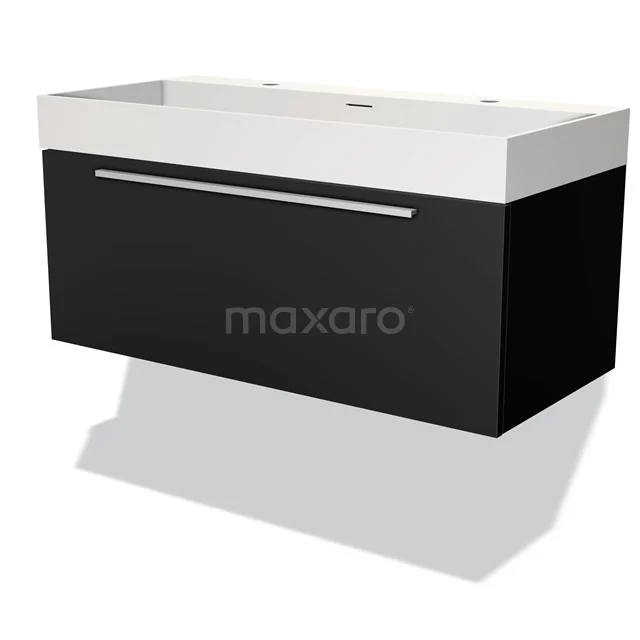 Badmöbel 100cm Modulo Matt Schwarz 1 Schublade Flaches Waschbecken Solid Surface BMW11-03233 Schwarz-weißer Waschtisch mit schmaler Schublade und chromfarbener Haltegriff, ideal für moderne Badezimmergestaltung.