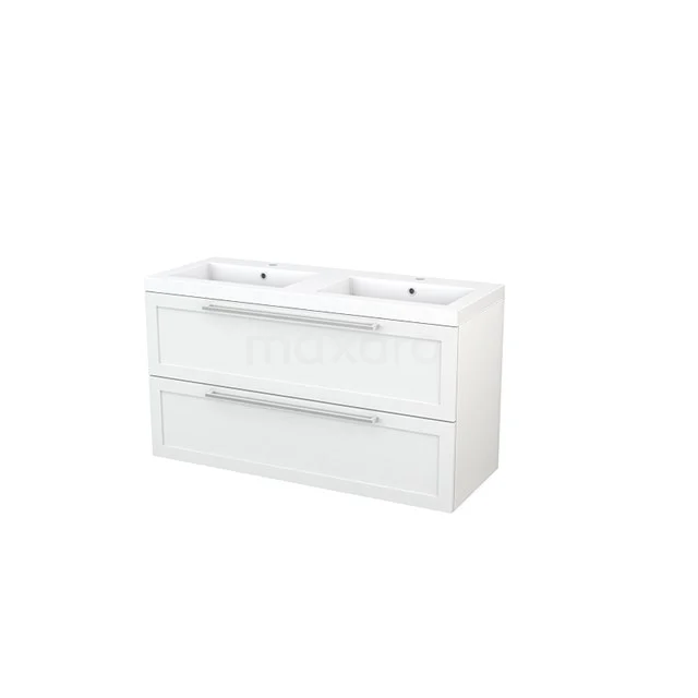 White, modern bathroom unit with double basin, sleek drawer handles and high-gloss finish for a stylish bathroom.