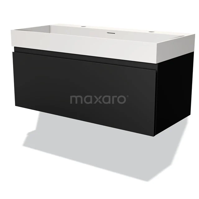 Badmöbel 100cm Modulo Matt Schwarz 1 Schublade Griffloses Waschbecken Solid Surface BMW11-03235 Schwarzes schwebendes Badmöbel mit weißem Waschbecken, elegantes Design, geeignet für moderne Bäder.