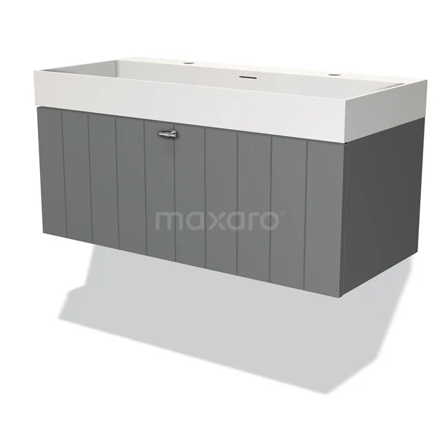 Modulo Bathroom furniture with sink | 100 cm Mid grey Slat front Solid surface 1 drawer BMW11-03237 Grey bathroom unit set in wood with white vanity units with basin, modern look and practical storage space.