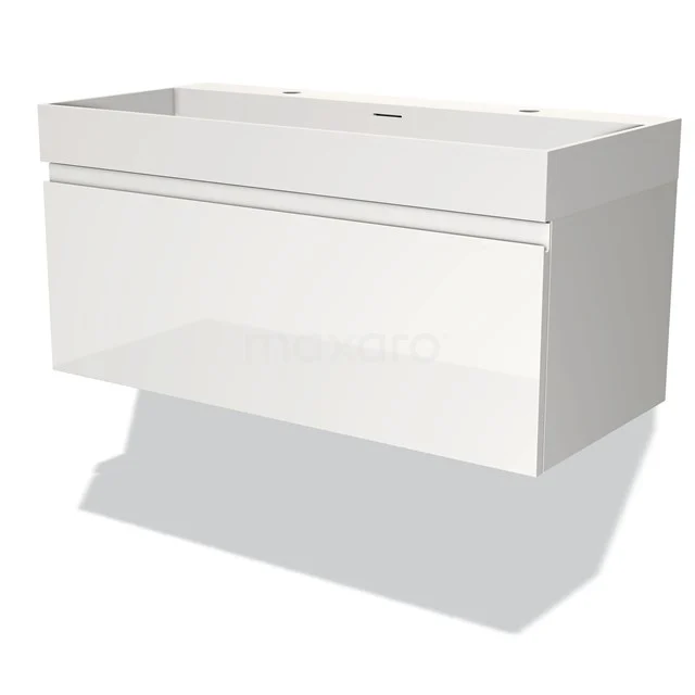 Weißes hängendes Badezimmermöbel mit schmaler Schublade und Hochglanz-Oberfläche, ideal für moderne Badezimmer.