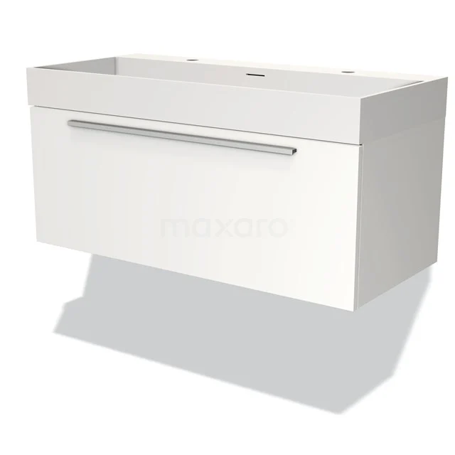 White hanging vanity unit with sleek design, metal handle and spacious drawers, ideal for modern bathroom storage.