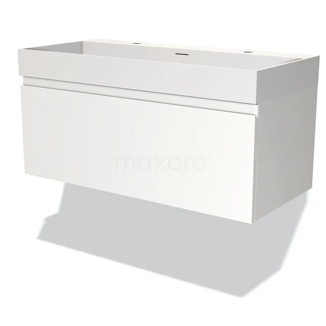 Weißes hängendes Badezimmermöbel mit klarer Form und einer Schublade, ideal für moderne Badezimmerlagerung.