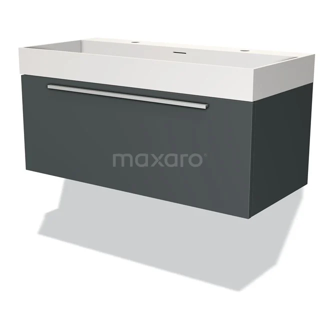 Badmöbel 100cm Modulo Dunkelgrau 1 Schublade Flaches Waschbecken Solid Surface BMW11-03245 Dunkelgraues hängendes Badmöbel mit weißem Waschbecken, modernes Design und breiter Schublade mit metallischem Haltegriff.