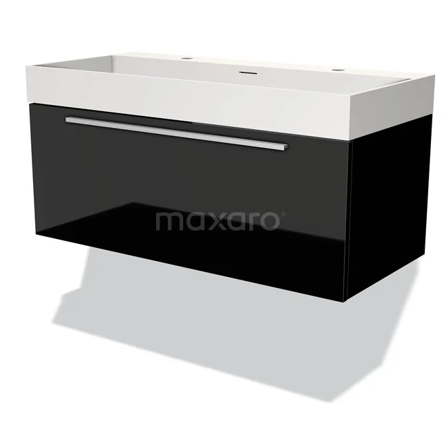 Modulo Bathroom furniture with sink | 100 cm High-gloss black Flat front Solid surface 1 drawer BMW11-03248 Black and white bathroom unit with sleek design, glossy finish, and metal Handle, ideal for modern bathrooms.