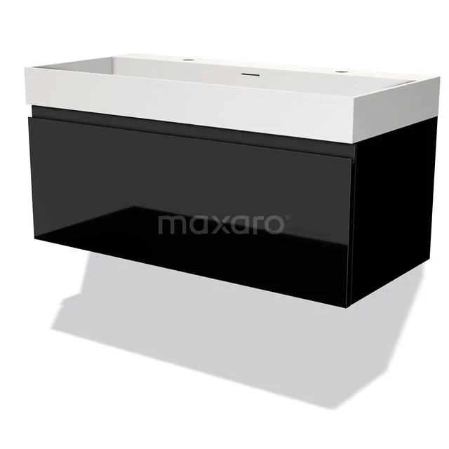 Black wall unit with glossy finish and integrated basin, ideal for a modern bathroom style.