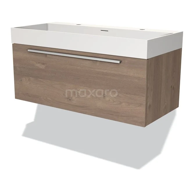 Wooden bathroom unit with drawers, wide rectangular basin and modern handles, ideal for a sleek bathroom design.