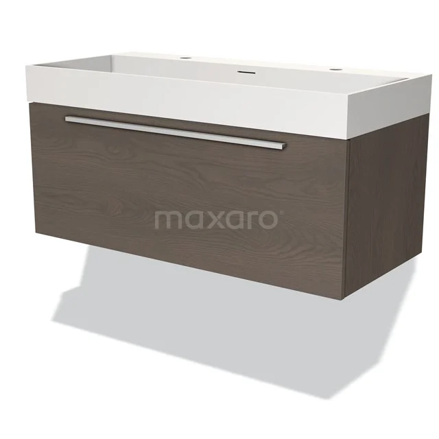 Wooden vanity unit with drawers, brown oak veneer, modern design and white ceramic basin for stylish bathrooms.
