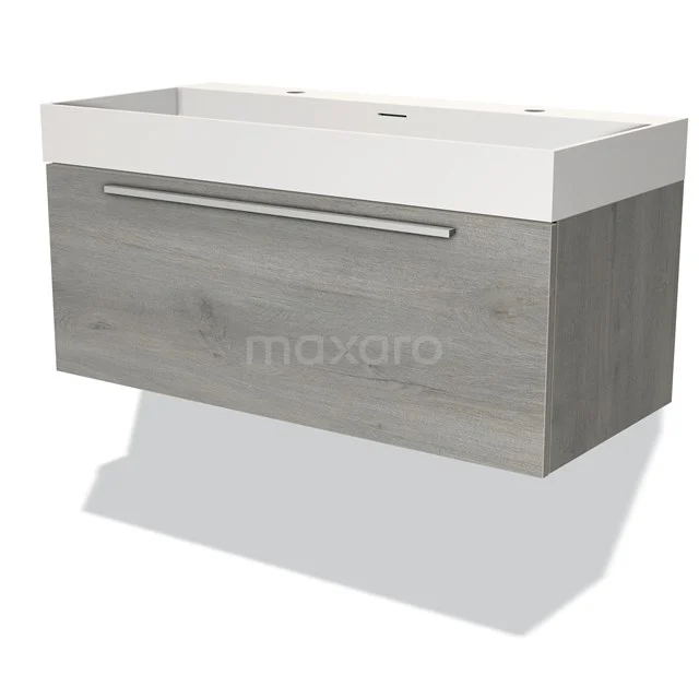 Grey bathroom unit with wood look, white vanity units with basin and metal handle, ideal for modern bathroom design.