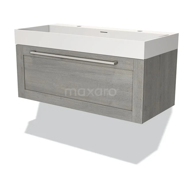 Grey oak Bathroom unit with drawers and white ceramic basin, modern design, ideal for stylish bathrooms.