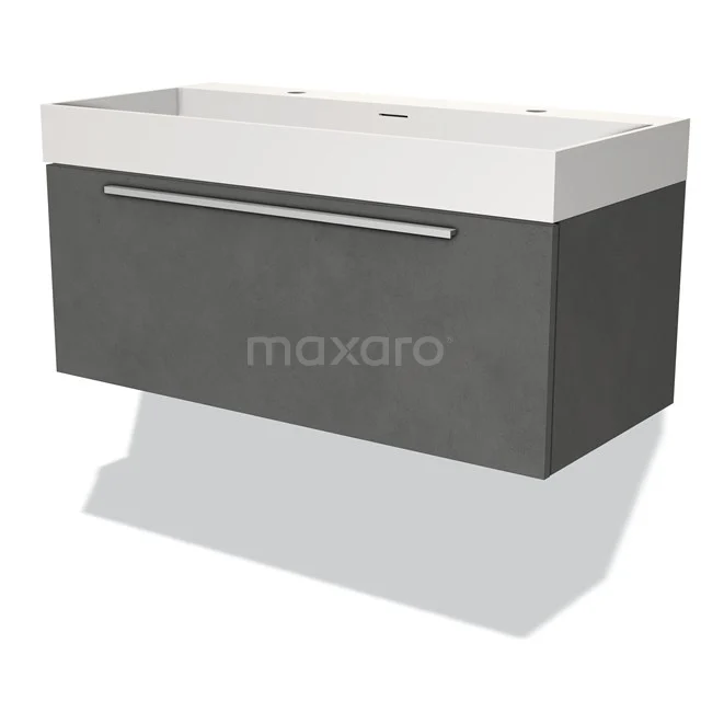 Grey vanity unit with drawer, sleek design, white ceramic basin, ideal for a modern bathroom.